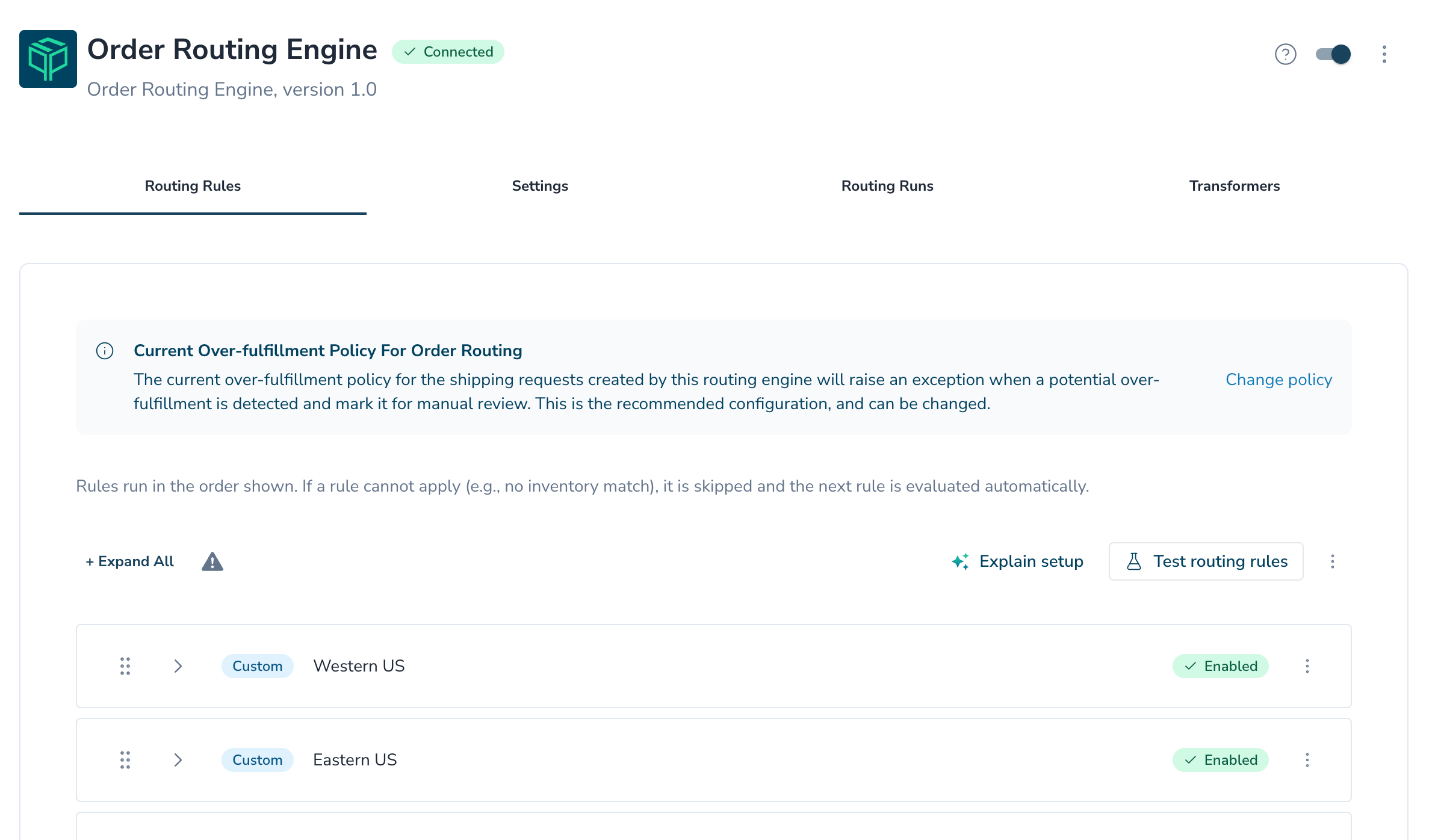 Order Routing Engine page with the Routing Rules, Settings, Routing Runs, and Transformers tabs and a list of rules