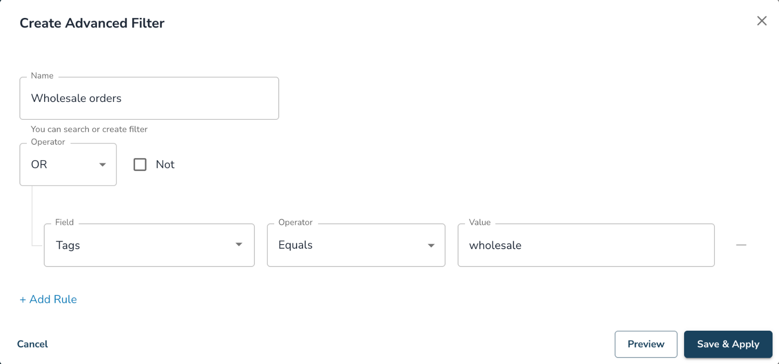 Create Advanced Filter window with Tags equals wholesale and the Preview and Save & Apply buttons