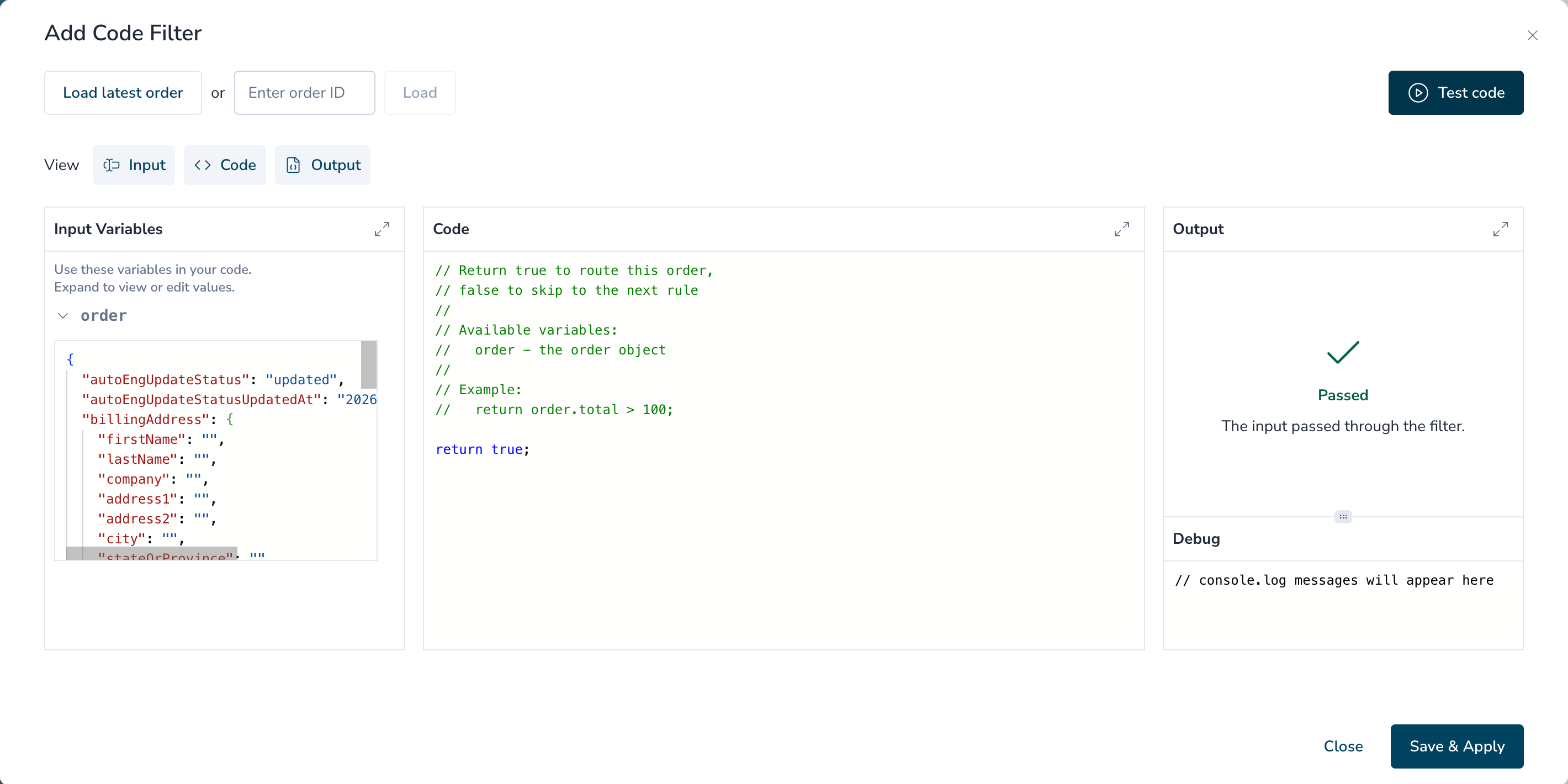 Add Code Filter window with the latest order loaded, the default script, and a Passed result