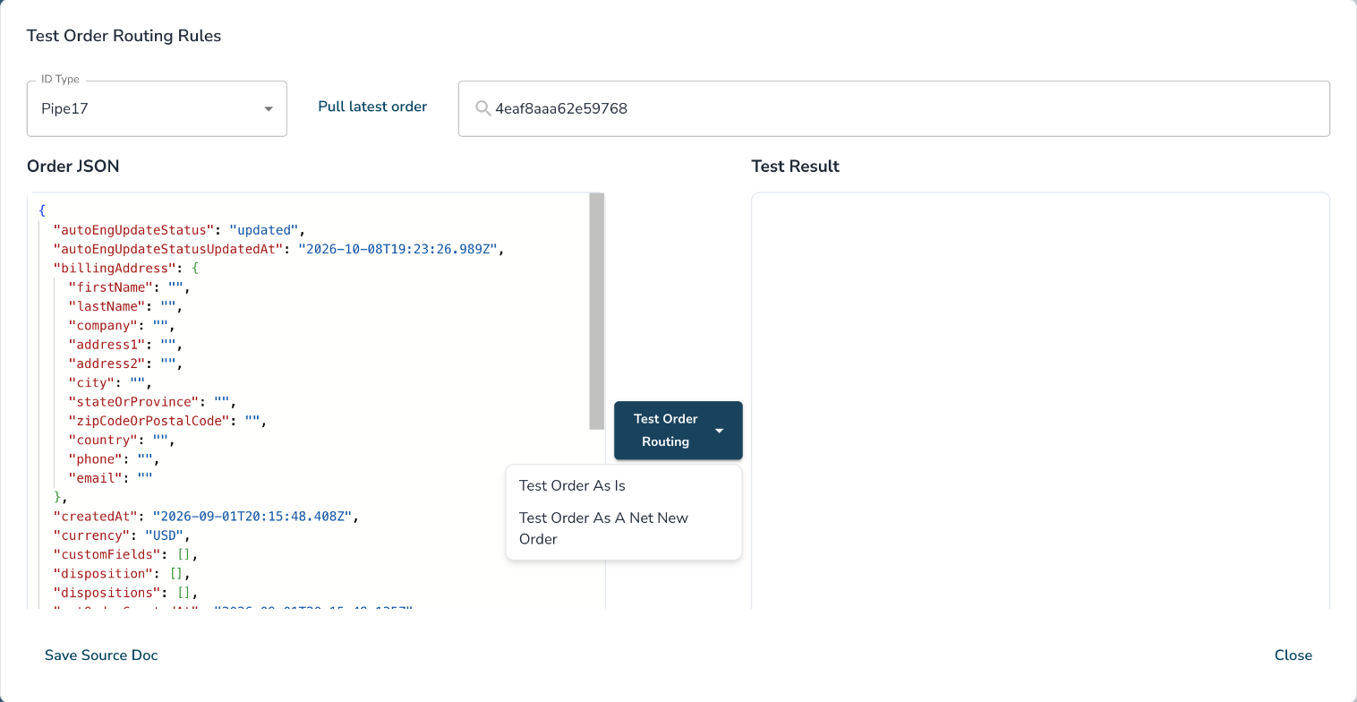 Test Order Routing Rules window with an order loaded and the Test Order As Is and Test Order As A Net New Order options