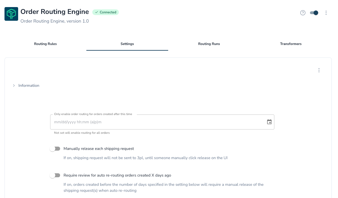 Settings tab of the Order Routing Engine showing the routing start date and the manual release settings
