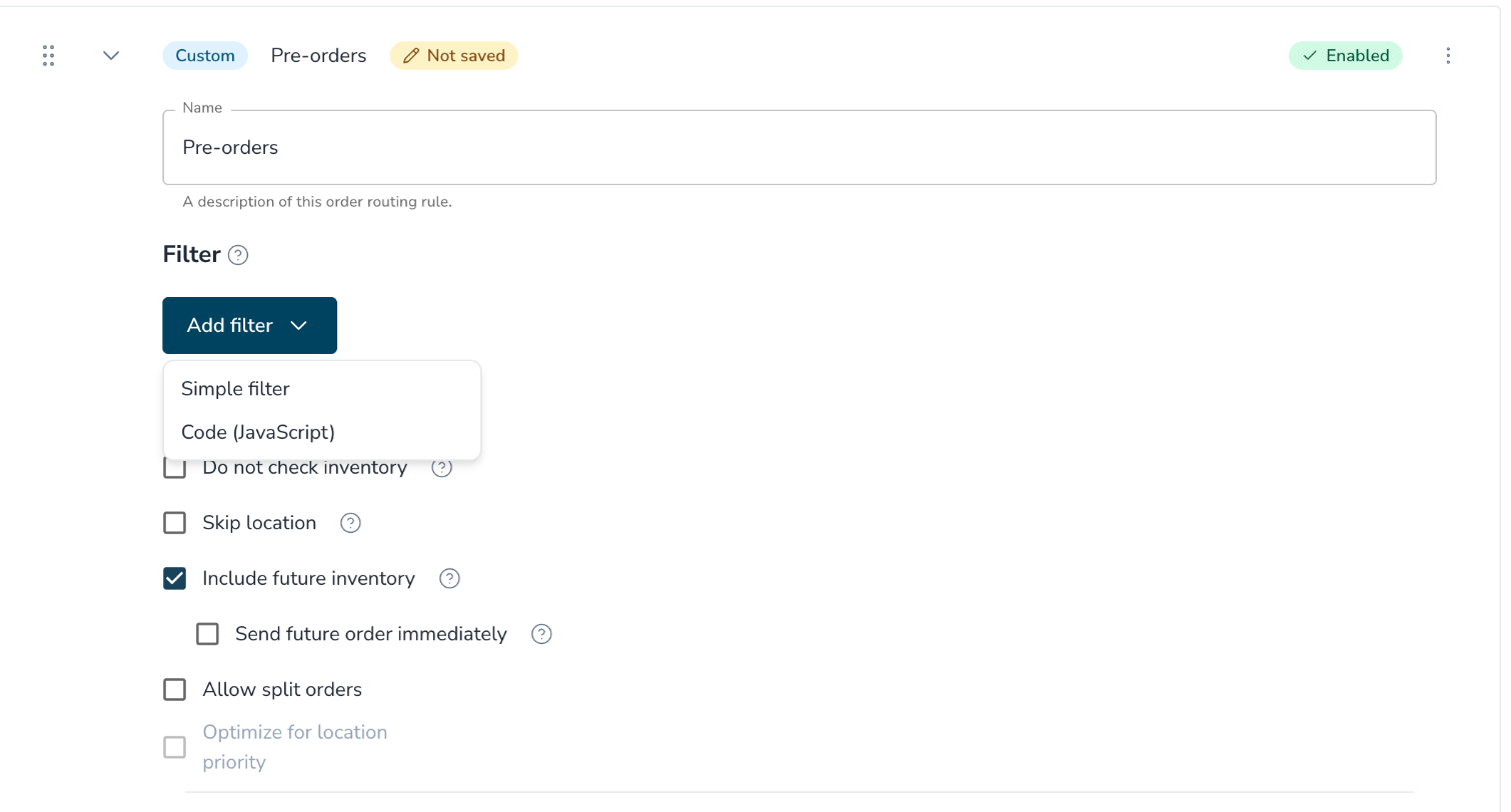 New routing rule named Pre-orders with the Add filter menu open, showing Simple filter and Code (JavaScript)