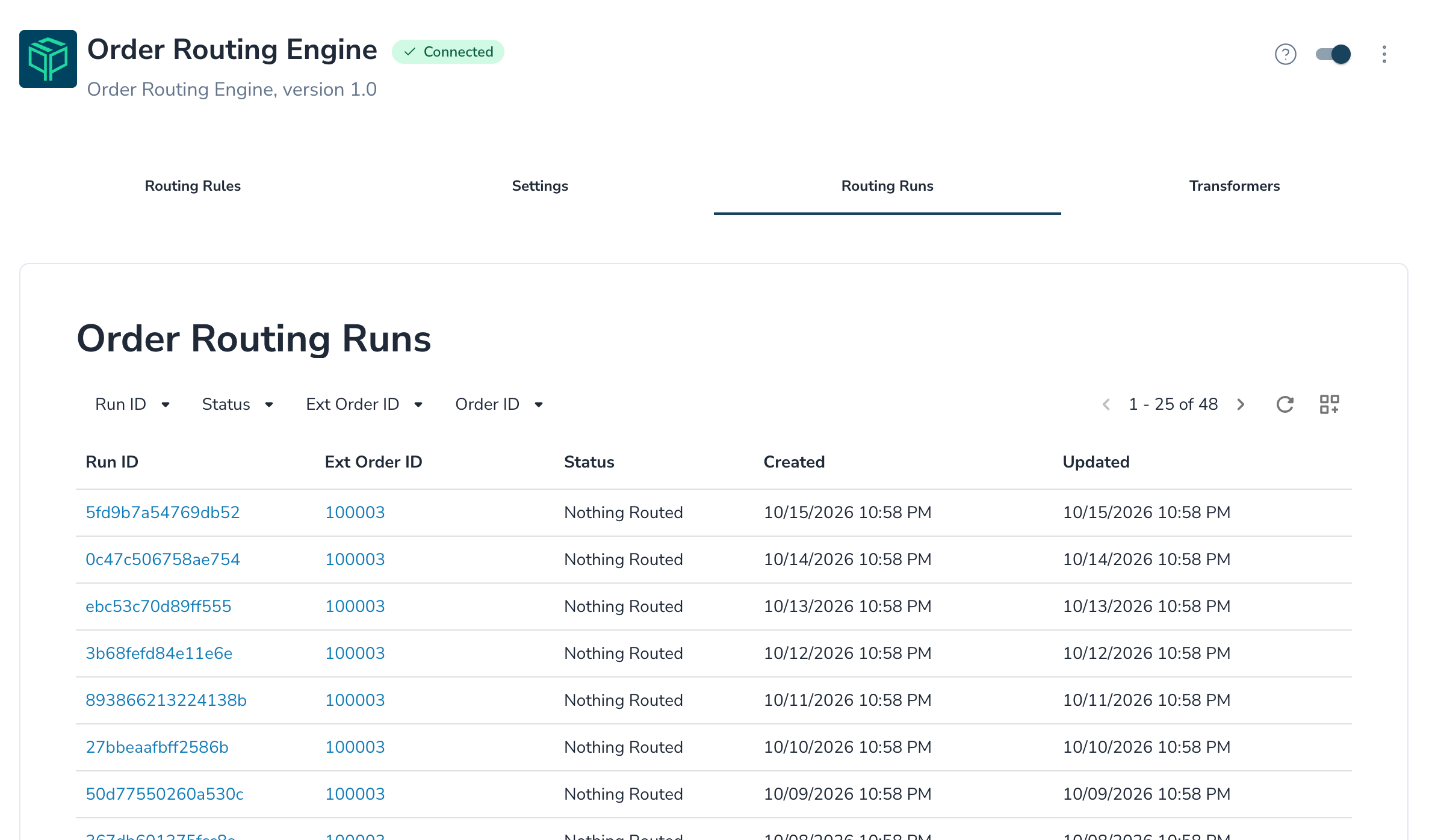 Routing Runs tab with filters for Run ID, Status, Ext Order ID, and Order ID and a list of runs