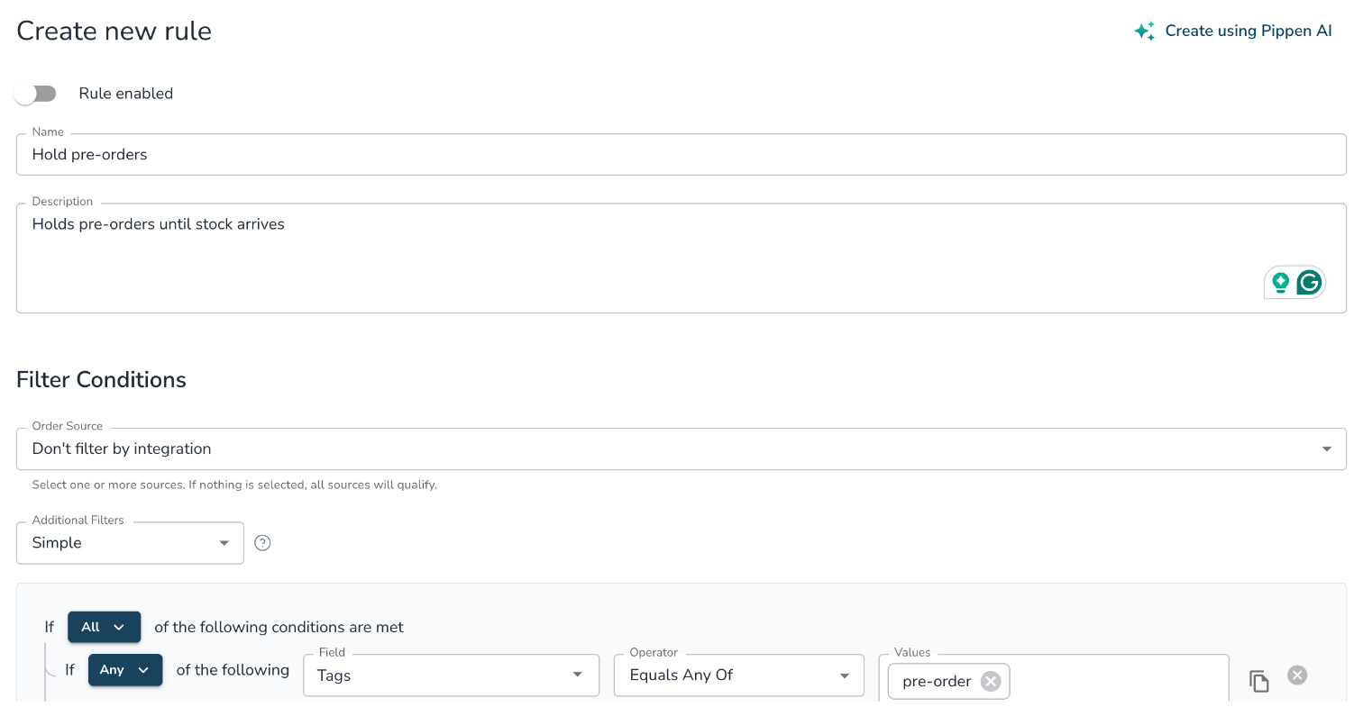 Simple filter in an automation rule with Tags equals any of pre-order