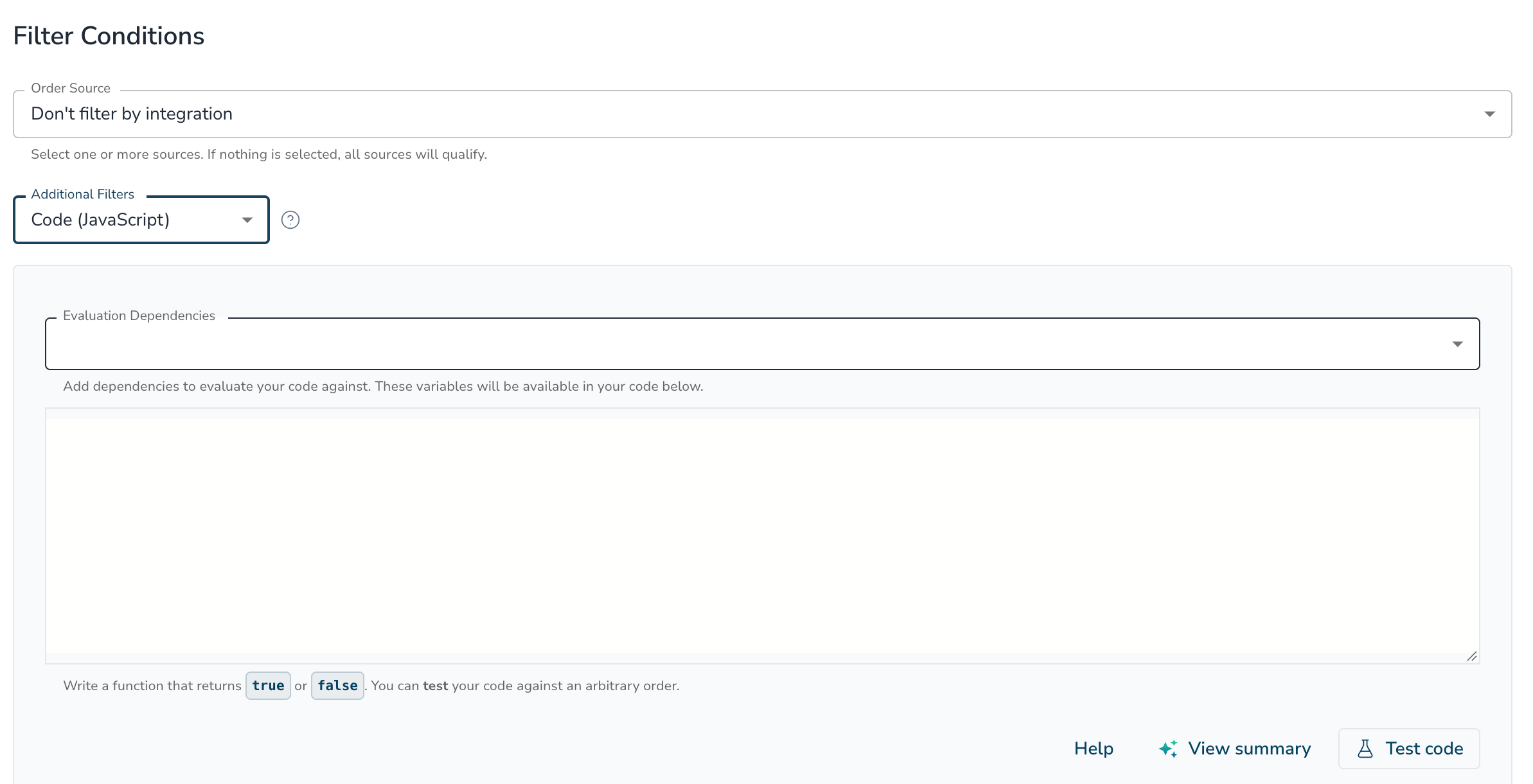Code (JavaScript) filter with the Evaluation Dependencies field, code editor, and Test code button