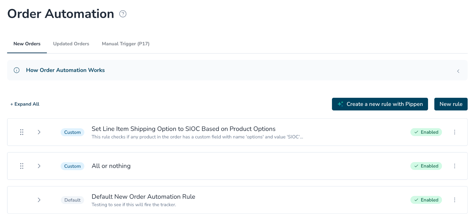 Order Automation page with the New Orders, Updated Orders, and Manual Trigger tabs and a list of rules