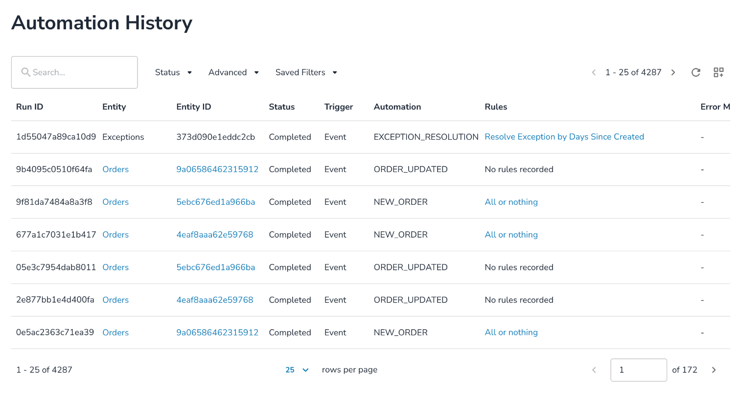 Automation History page with Status, Advanced, and Saved Filters and a list of runs