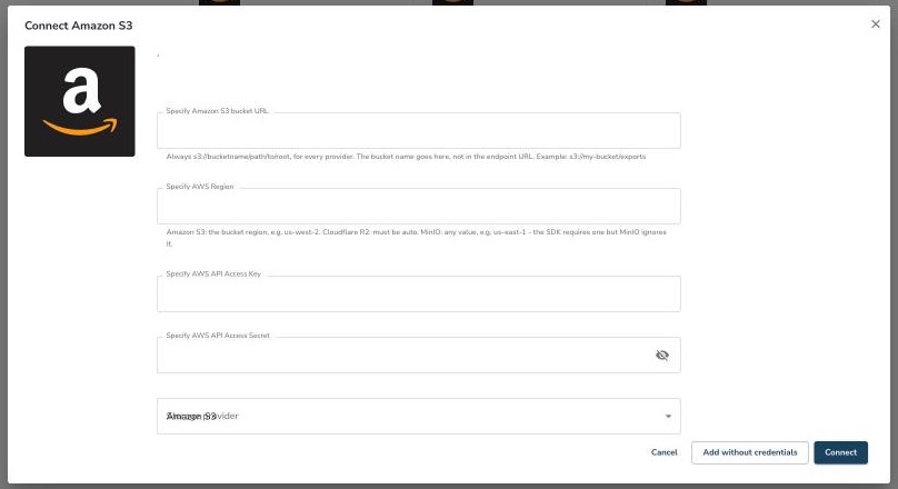 Connect Amazon S3 pop-up
