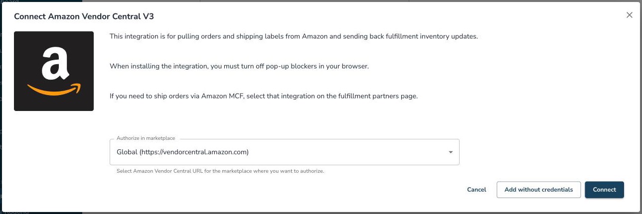 Connect Amazon Vendor Central pop-up
