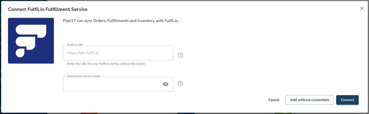 Connect Fulfil.io Fulfillment Service pop-up