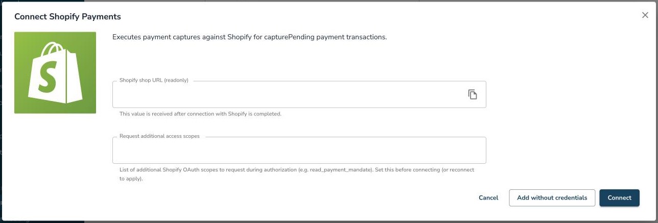 Connect Shopify Payments pop-up