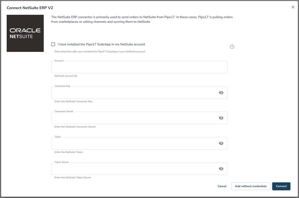 Connect NetSuite ERP V2 pop-up