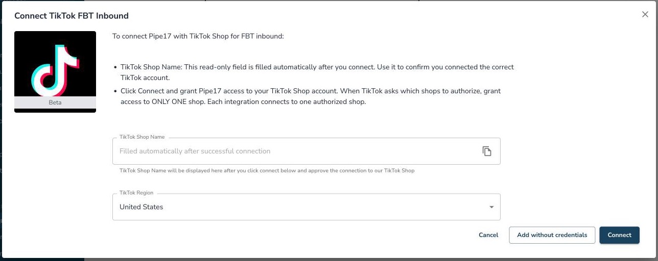 Connect TikTok FBT Inbound pop-up