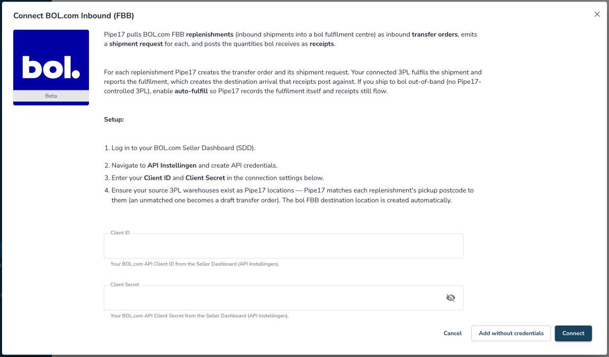Connect BOL.com Inbound (FBB) pop-up
