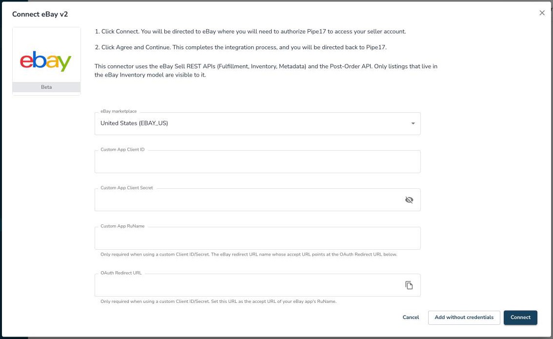 Connect eBay v2 pop-up