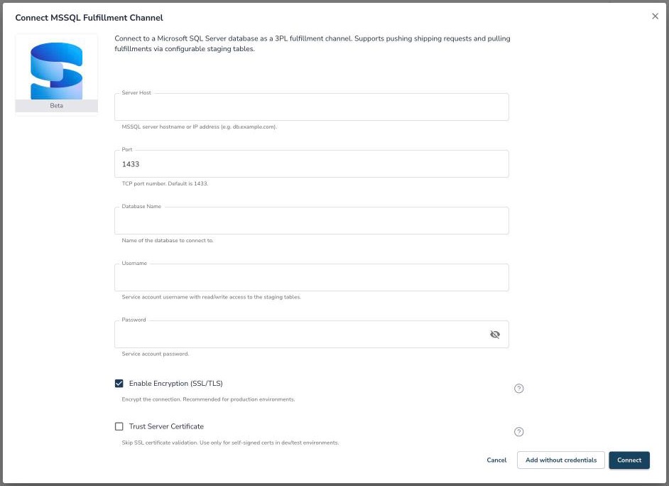 Connect MSSQL Fulfillment Channel pop-up