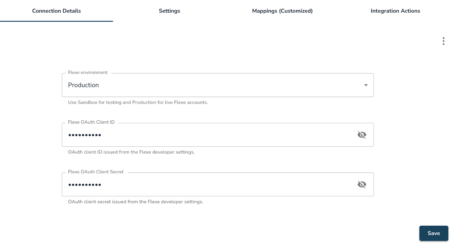 The Connection Details tab with the Flexe environment, Client ID and Client Secret fields