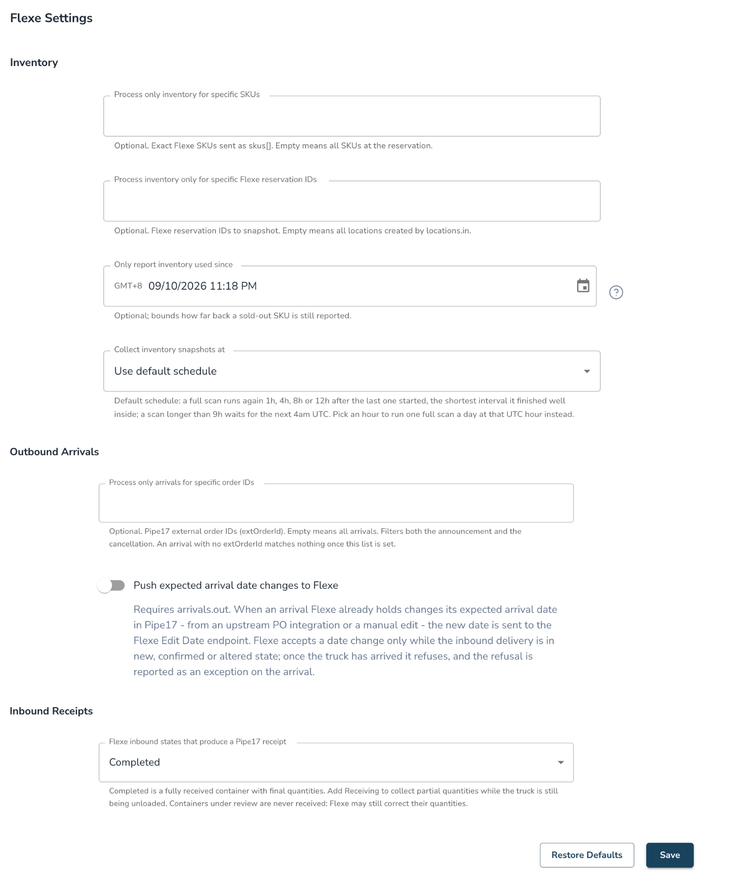 The Flexe Settings section with inventory, shipping request, arrival and receipt options