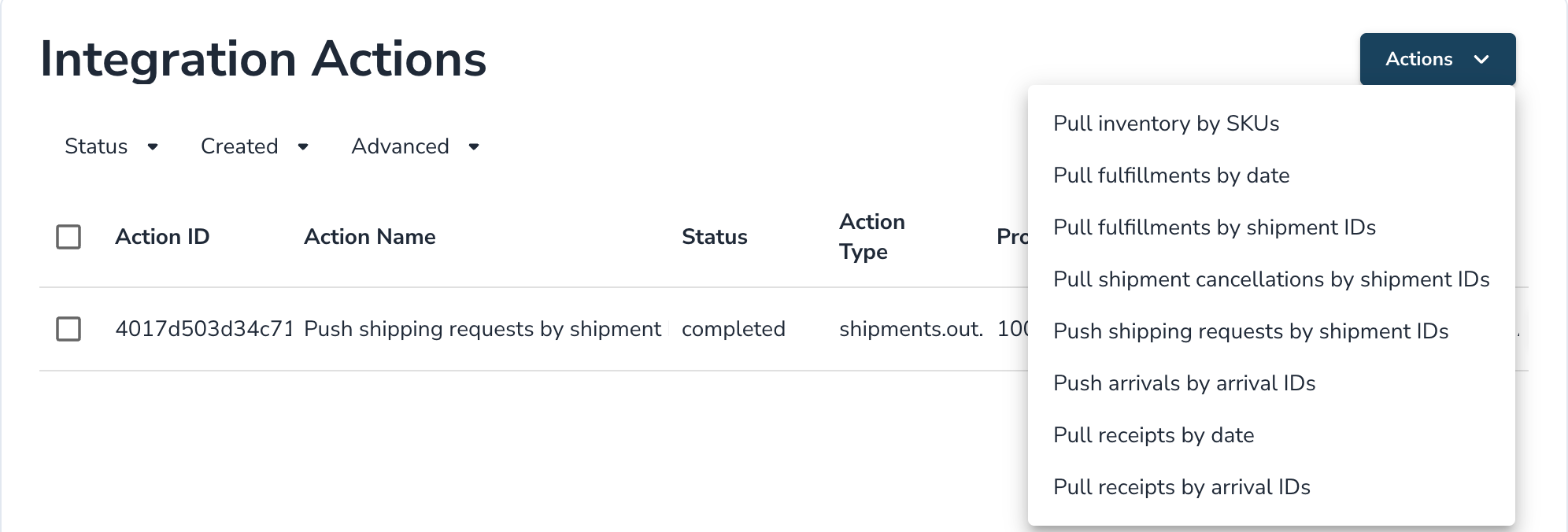 The Actions menu on the Integration Actions tab